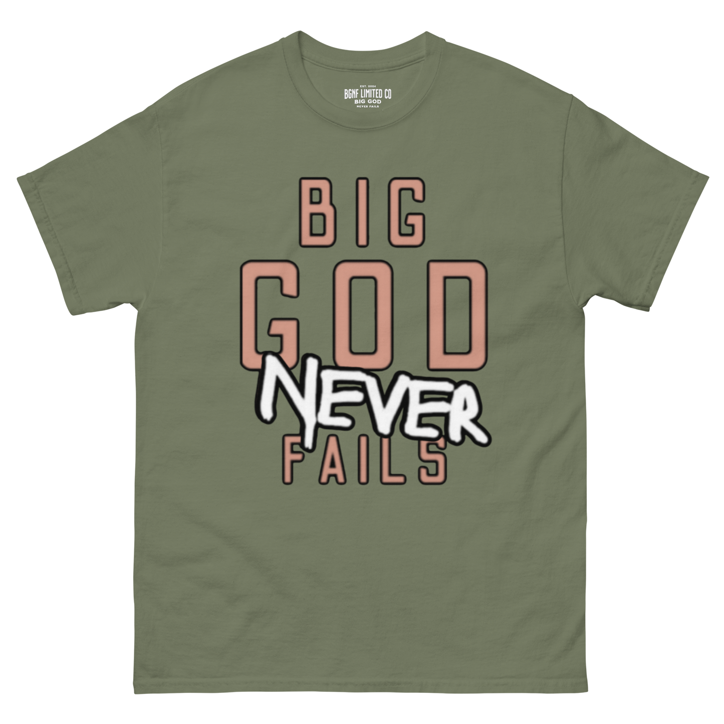 Big God Never Fails - Classic Tee | Tan N White Print