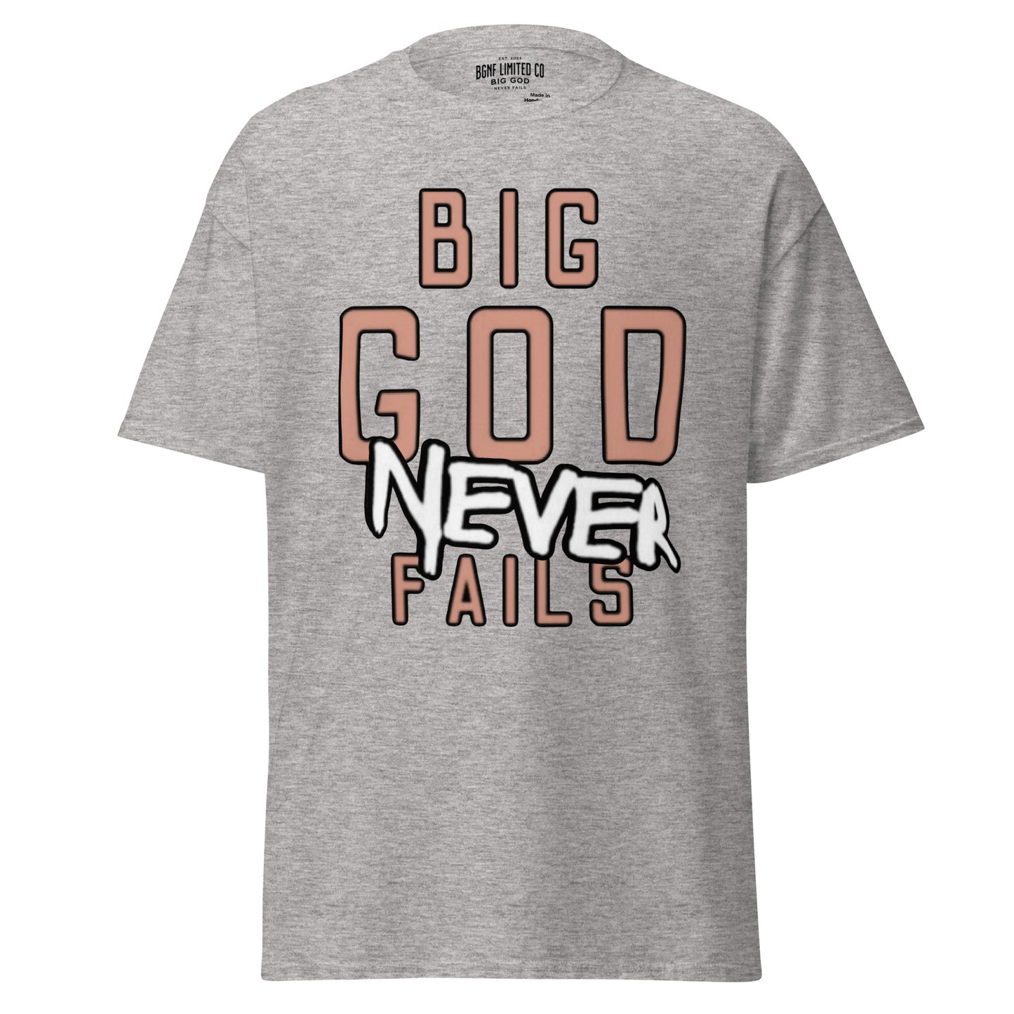 Big God Never Fails - Classic Tee | Tan N White Print