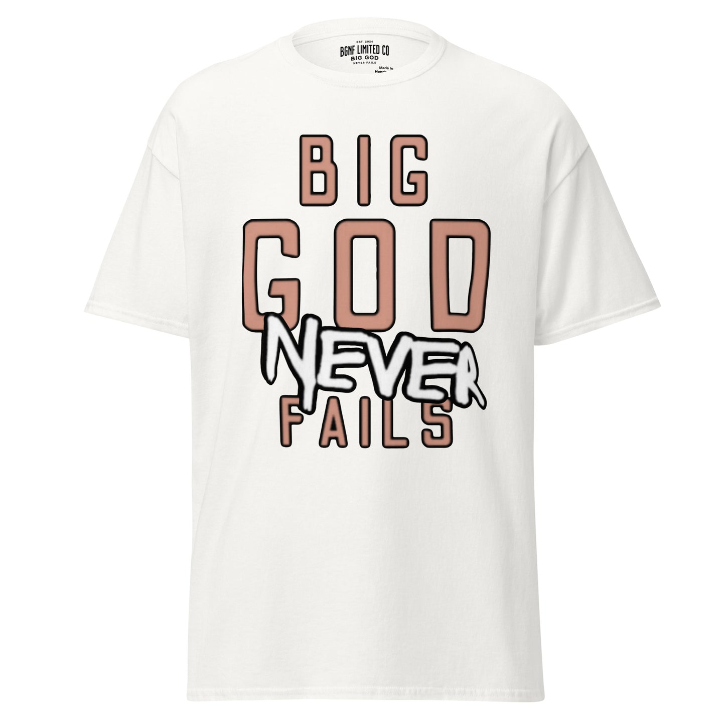 Big God Never Fails - Classic Tee | Tan N White Print